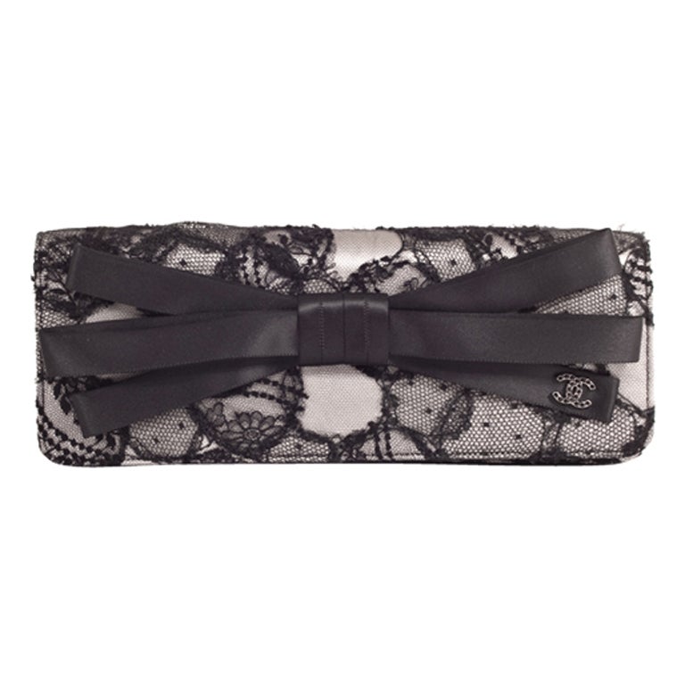 CHANEL Black Lace and Satin Clutch Bag Purse For Sale