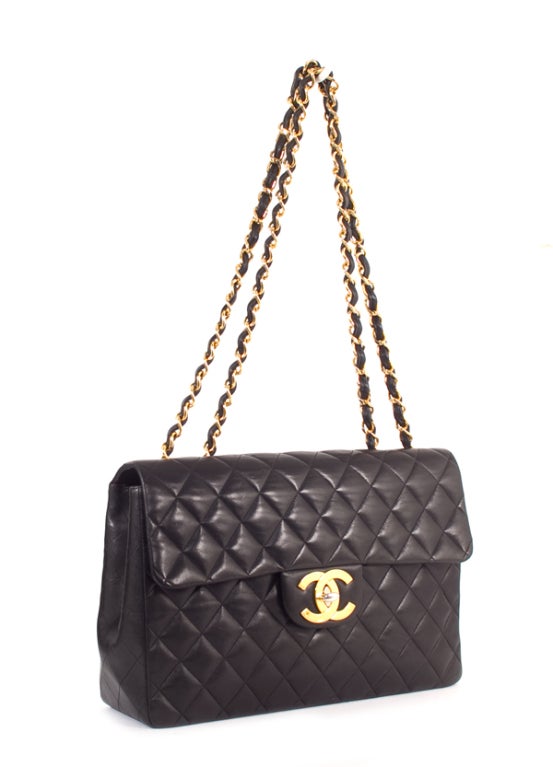 CHANEL Black Jumbo Maxi Lambskin Flap Chain Bag CC