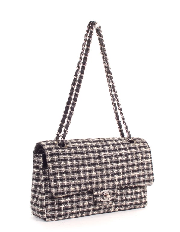 CHANEL Black White Tweed Chain Shoulder Bag Flap Purse