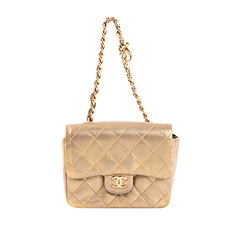 CHANEL Rare Leather Metallic Gold Mini Classic Quilted Belt Bag For Sale