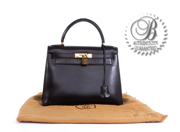 HERMES Black Box Calf Kelly 28 cm Purse Classic Bag For Sale 5