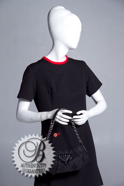 PRADA Black Nylon Sequined Logo Evening Pochette Bag w Chain 7