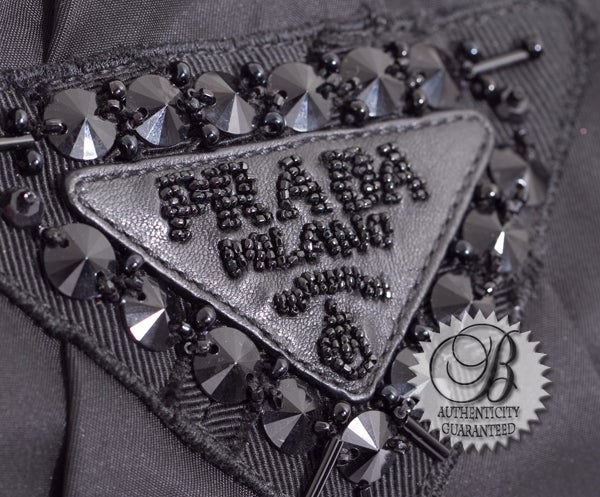 PRADA Black Nylon Sequined Logo Evening Pochette Bag w Chain 3