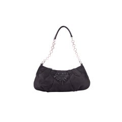 PRADA Black Nylon Sequined Logo Evening Pochette Bag w Chain