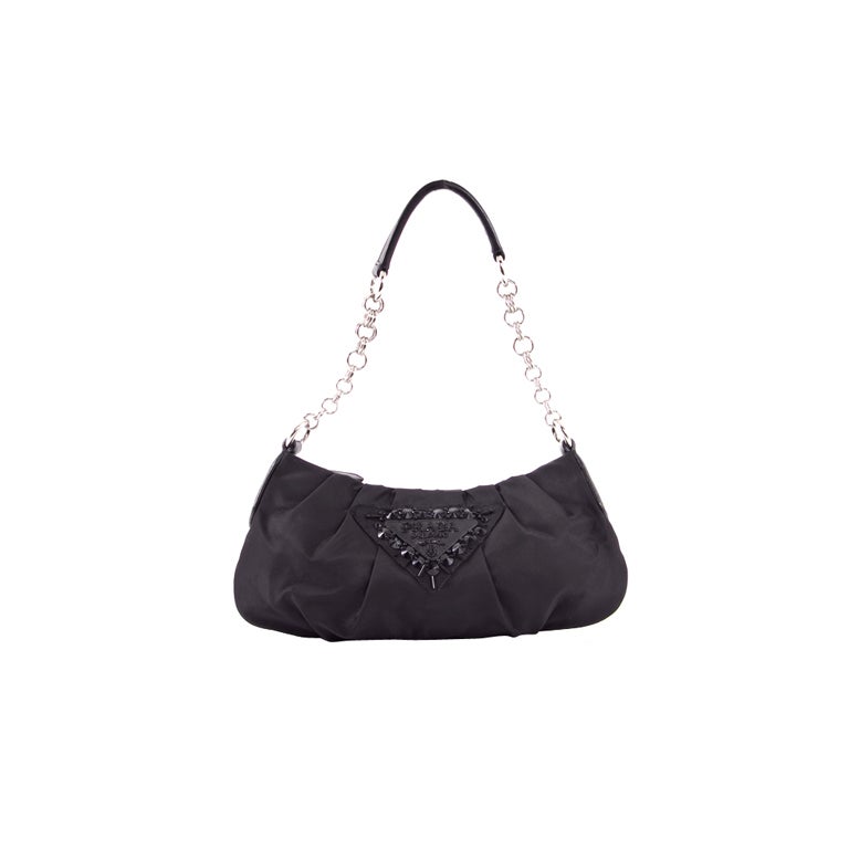 PRADA Black Nylon Sequined Logo Evening Pochette Bag w Chain at