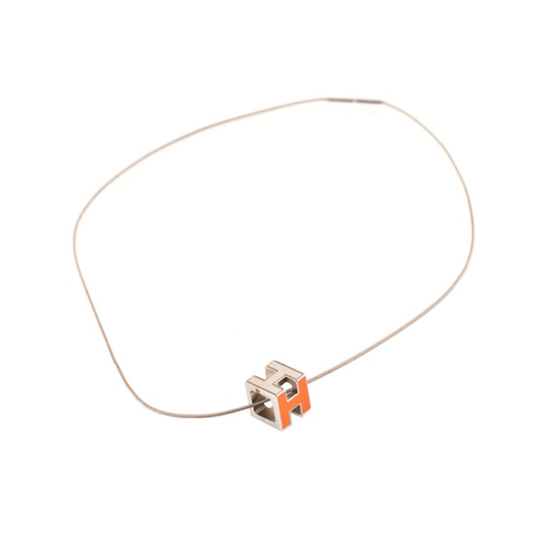 HERMES Orange CUBED H Hermes Pendant Necklace