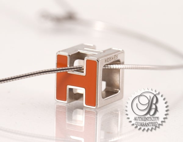 HERMES Orange CUBED H Hermes Pendant Silver Chain Necklace