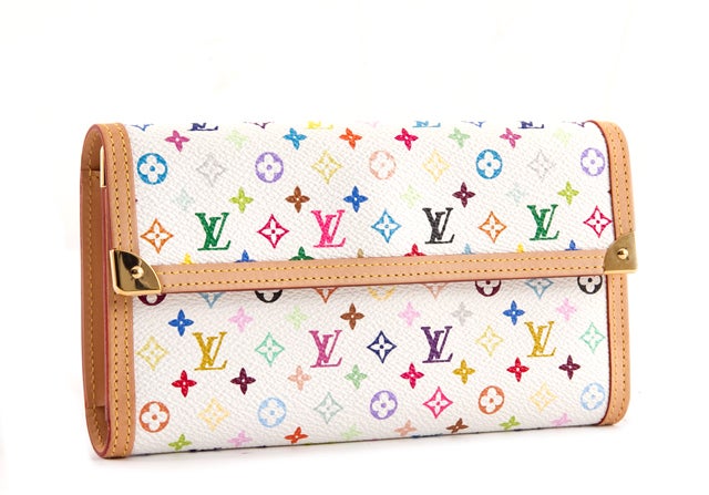 This is an authentic Louis Vuitton White Multicolor Monogram Porte Tresor Long Wallet done in signature white multicolor monogram coated canvas. This wallet has a fold over flap with a single snap closure, which opens to a gusseted compartment with