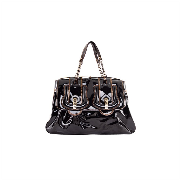 FENDI Black Patent Leather Large Classic B Bag For Sale