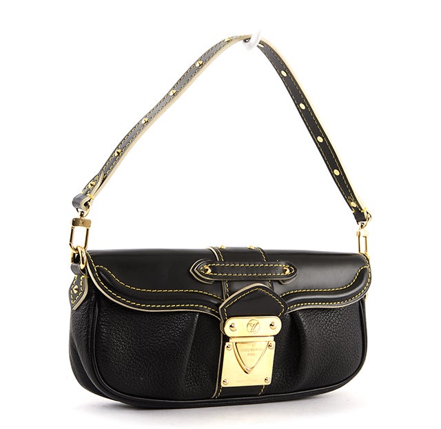 This is an authentic LOUIS VUITTON Black Suhali Le Precieux Evening Bag. Done in supple black Suhali goat leather with yellow stitch and ivory trim, the bag features gold toned hardware and stud accents, a single, flat detachable handle, and a flap