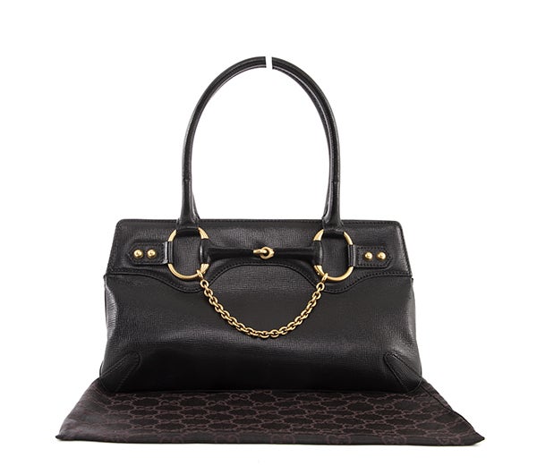 GUCCI Black Leather Horsebit Tote Bag For Sale 7