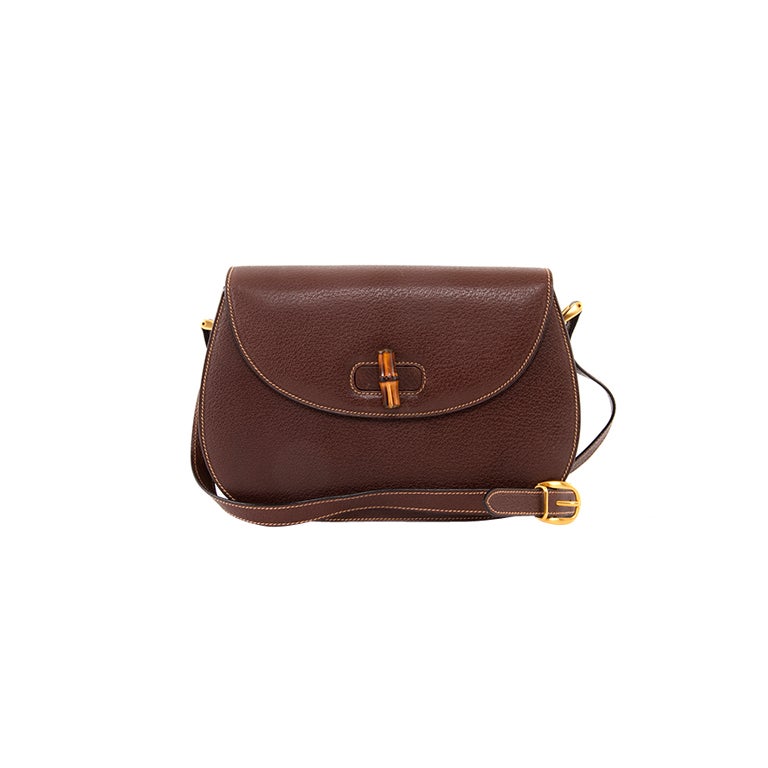 GUCCI Tobacco Brown BAMBOO Turnlock Leather Crossbody Bag For Sale