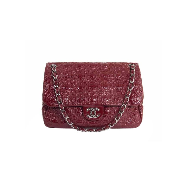 CHANEL Bordeaux Patent Embossed Moscow Moscou Flap Bag For Sale