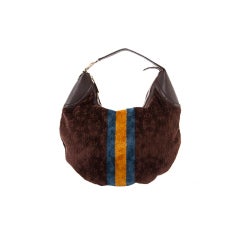 GUCCI Velour Brown GLAM Shoulder Hobo Bag w Stripe