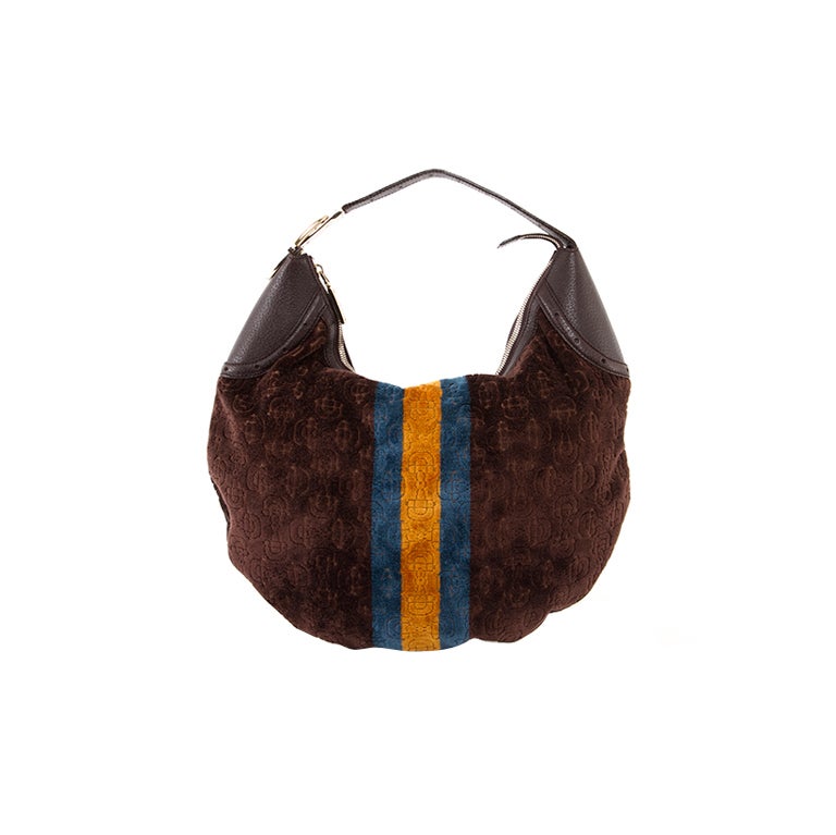 GUCCI Velour Brown GLAM Shoulder Hobo Bag w Stripe For Sale