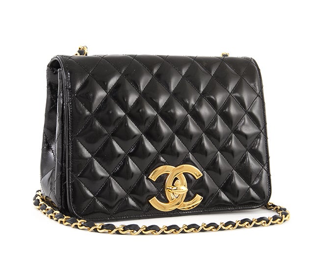 CHANEL Patent Lambskin Leather Single Chain Shoulder Flap Bag