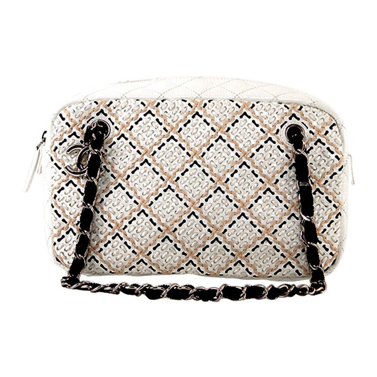 Chanel White Diamond Chain on Stitch Camera Bag For Sale