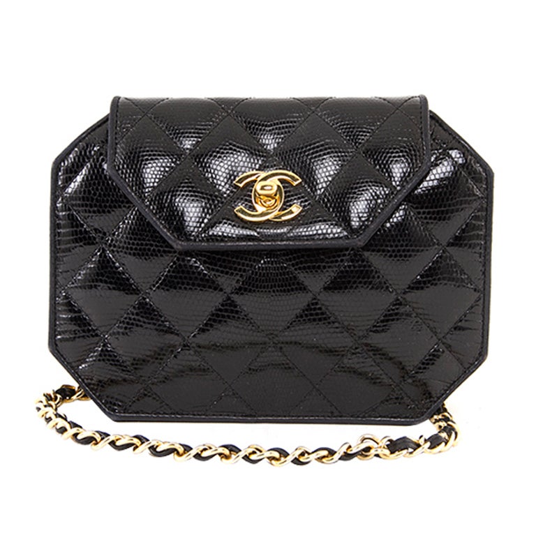 Chanel Black Lizard Skin Octagonal Long Chain Strap Exotic Bag For Sale