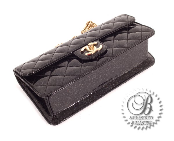 Women's Chanel Black Patent Glitter Sparkle Sab Rabat Class E/W Quilted For Sale