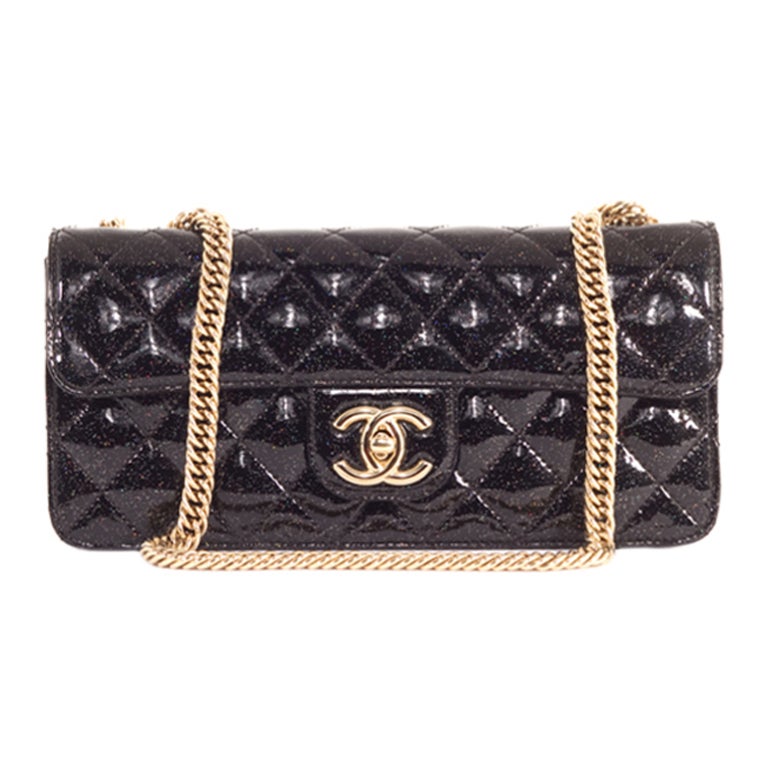 Chanel Black Patent Glitter Sparkle Sab Rabat Class E/W Quilted For Sale