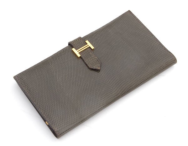 Women's HERMES Lizard Skin BEARN Clutch Purse Wallet Gris Fonce