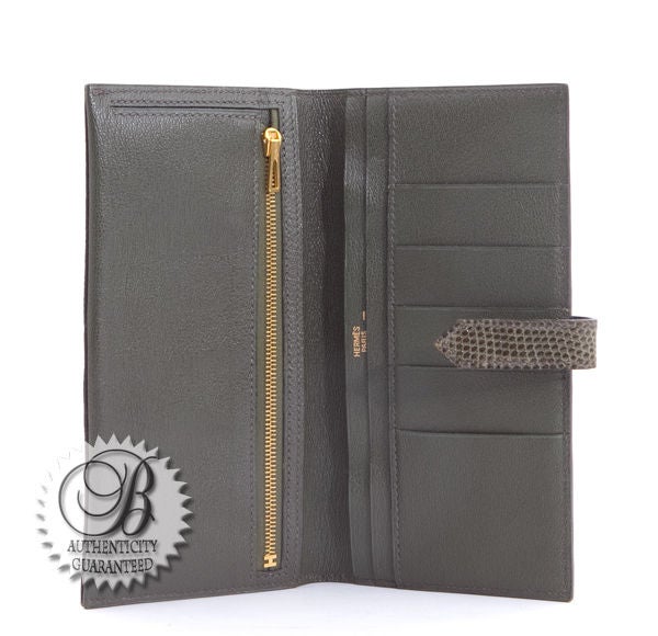 HERMES Lizard Skin BEARN Clutch Purse Wallet Gris Fonce 2