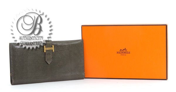 HERMES Lizard Skin BEARN Clutch Purse Wallet Gris Fonce 4