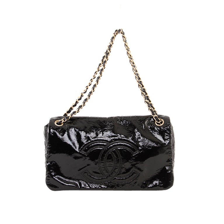 Chanel Vinyl Black Patent Rock and Chain Shoulder Flap Bag