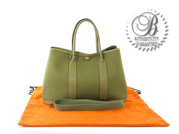 Hermes Garden Party TPM Canvas Leather Green Tote Bag For Sale 2