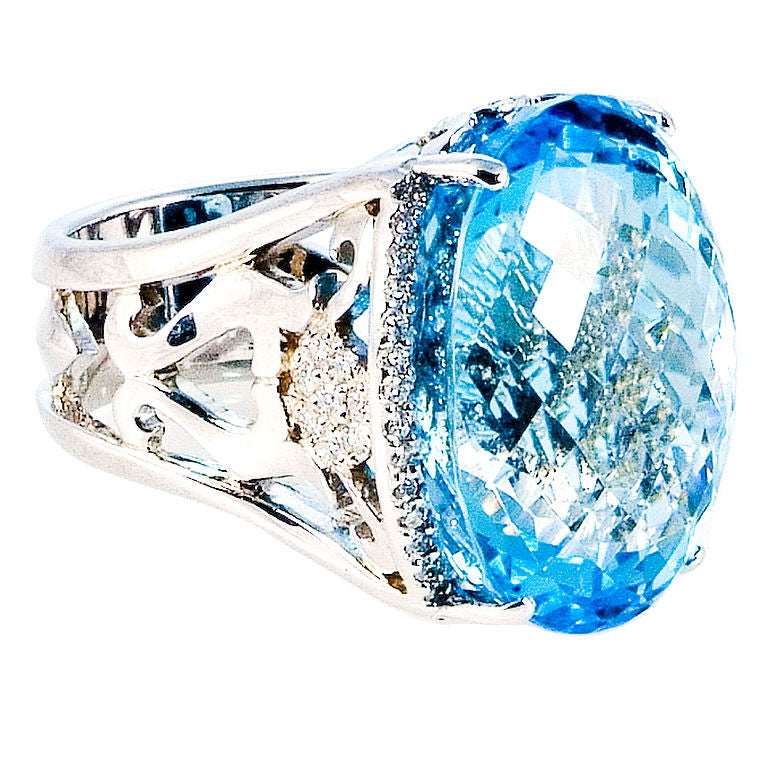 52.0 Carat London Blue Topaz Diamond Gold Ring For Sale