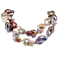 Large Baroque Violet Pearl Long Necklace with Sapphire Clasp