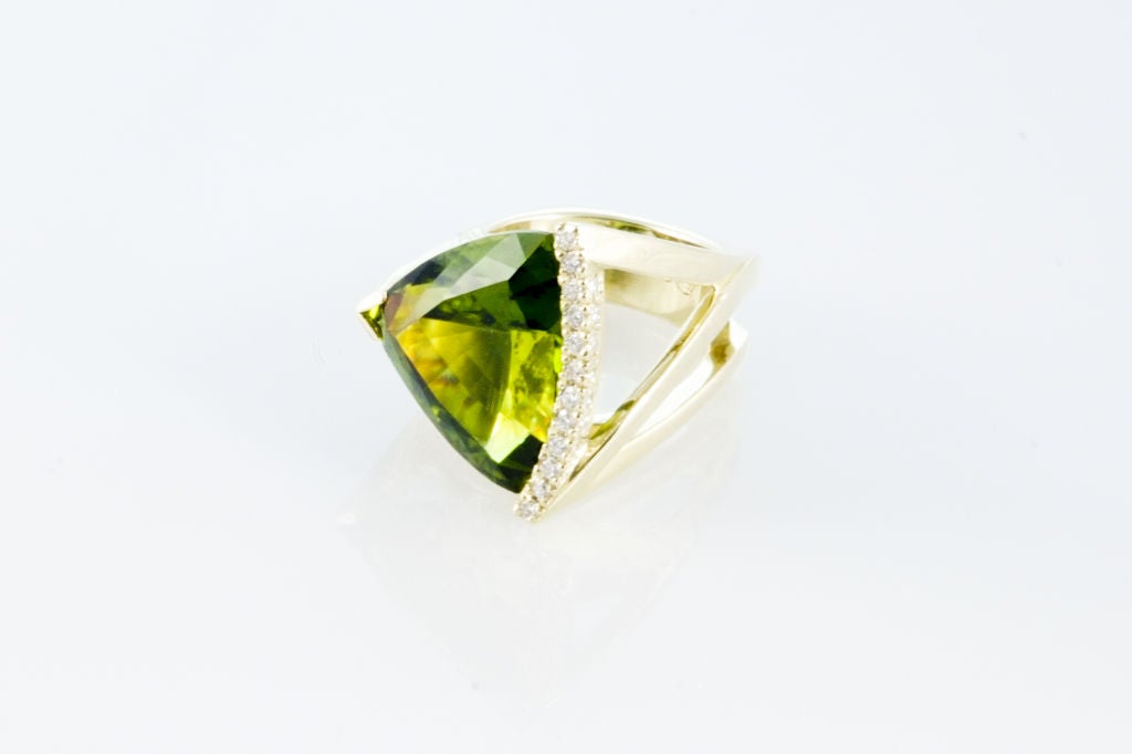 21.4 carat Pakistani Peridot Trillion Ring with Diamonds