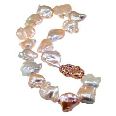 Large Baroque pinkish orange Pearl Necklace with Sapphire Clasp
