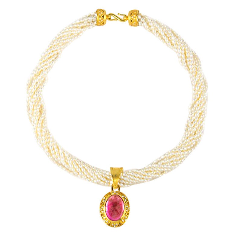 Emma Quist AntiQuity Seed Pearl Necklace with Rubellite Pendant