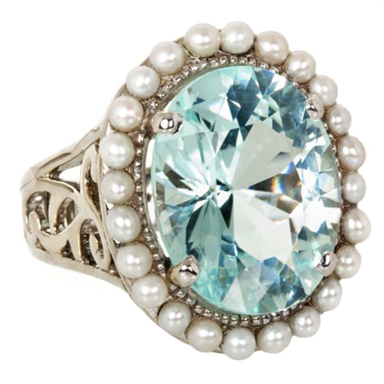 Paraiba Tourmaline Seed Pearl Gold Ring For Sale