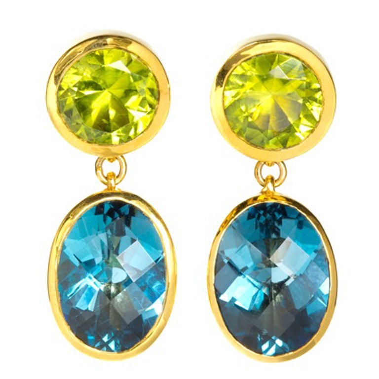 EMMA QUIST "Antiquity" Pakistani Peridot & Blue Topaz Drop Earrings For Sale