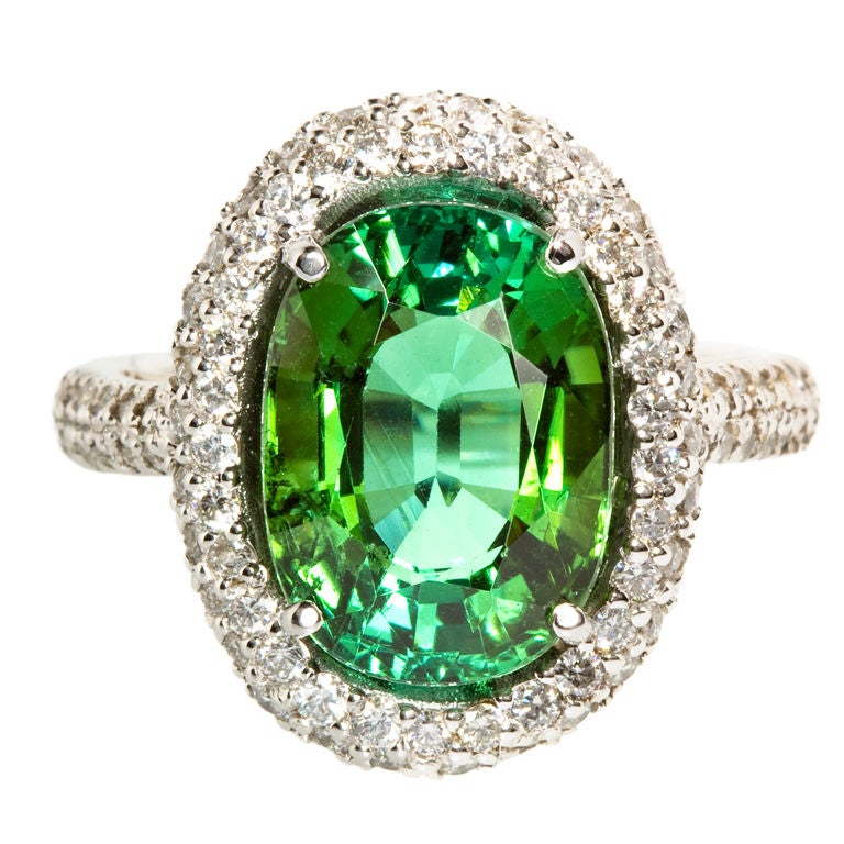6.08 Carat Chrome Green Tourmaline Diamond White Gold Ring