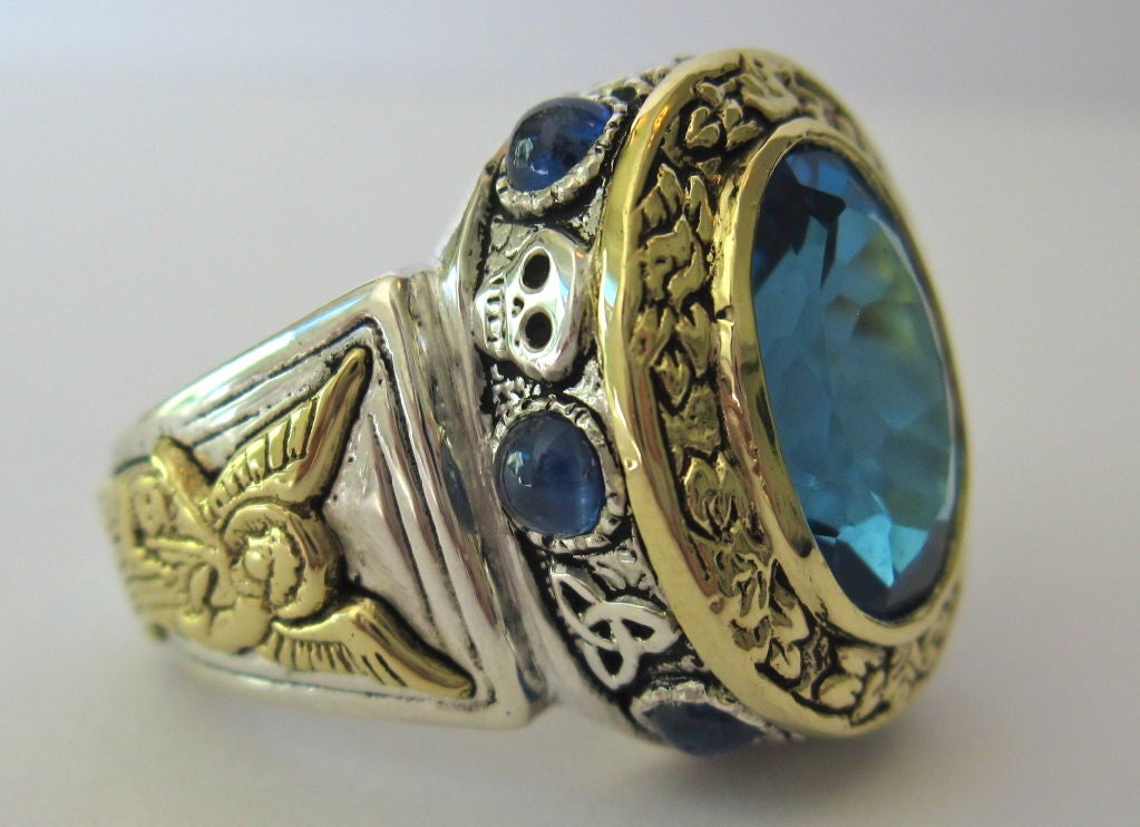 Six Carat Blue Topaz Multicolored Sapphire Gold Aleluya Ring In New Condition In Scottsdale, AZ