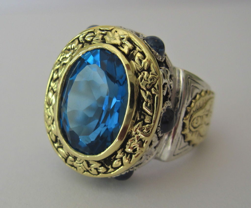 Women's Six Carat Blue Topaz Multicolored Sapphire Gold Aleluya Ring