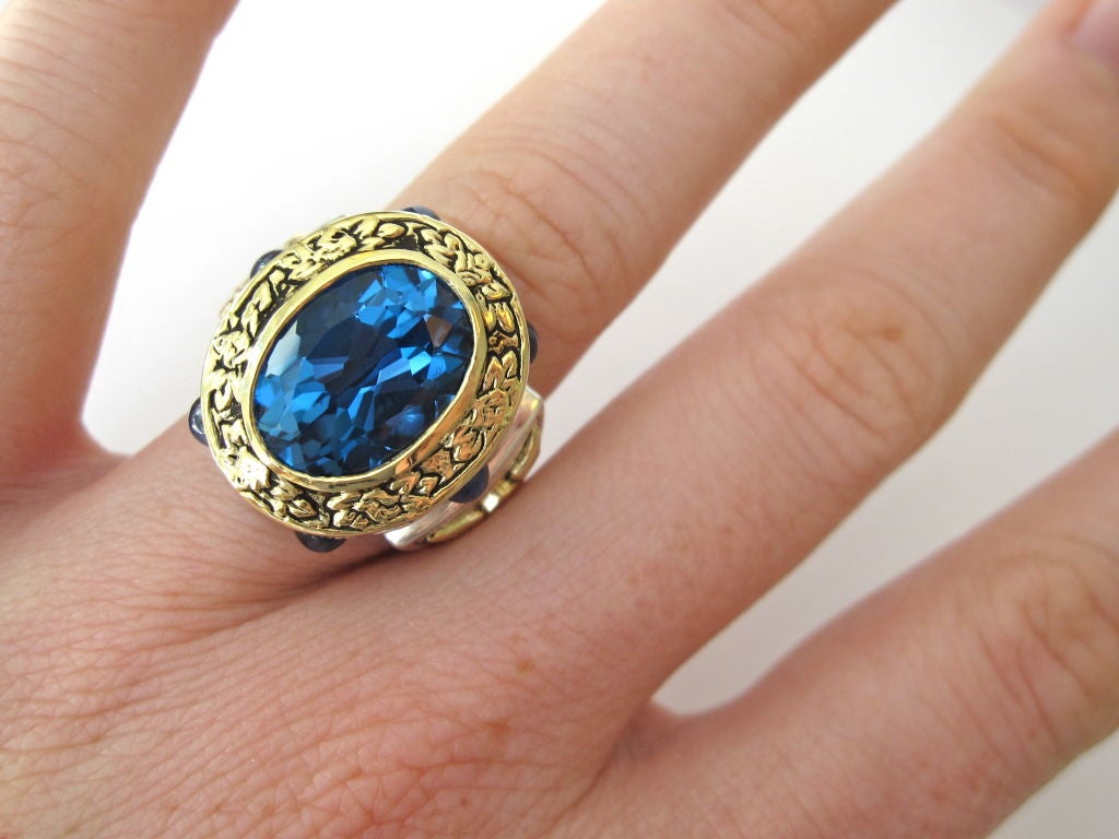 Six Carat Blue Topaz Multicolored Sapphire Gold Aleluya Ring 3