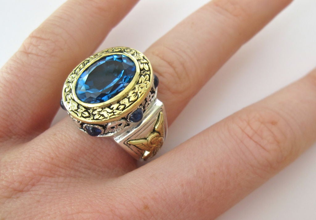 Six Carat Blue Topaz Multicolored Sapphire Gold Aleluya Ring 4