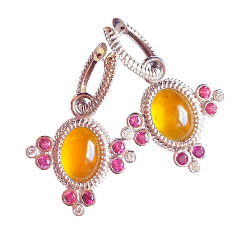 20.72 Carat Yellow Tourmaline Rubellite Diamond Gold Earrings For Sale