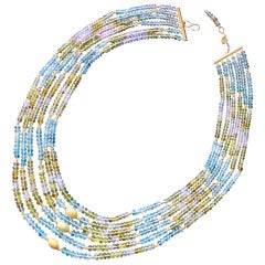 Faceted, Multi-colored Aquamarine & Gold Bead Necklace