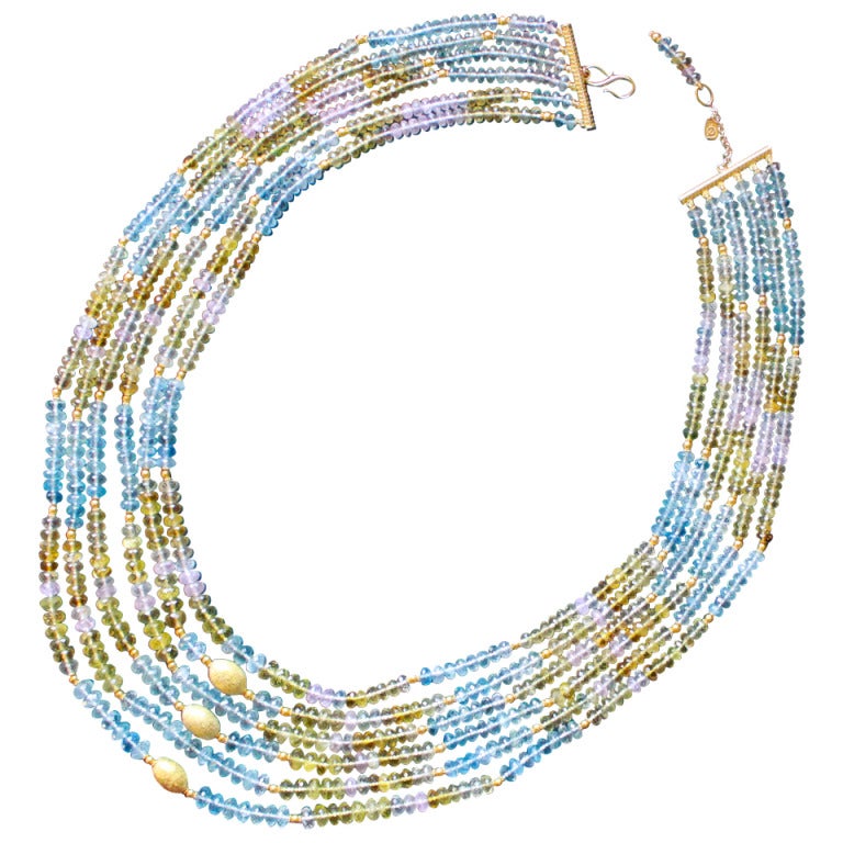 Faceted, Multi-colored Aquamarine 
Gold Bead Necklace