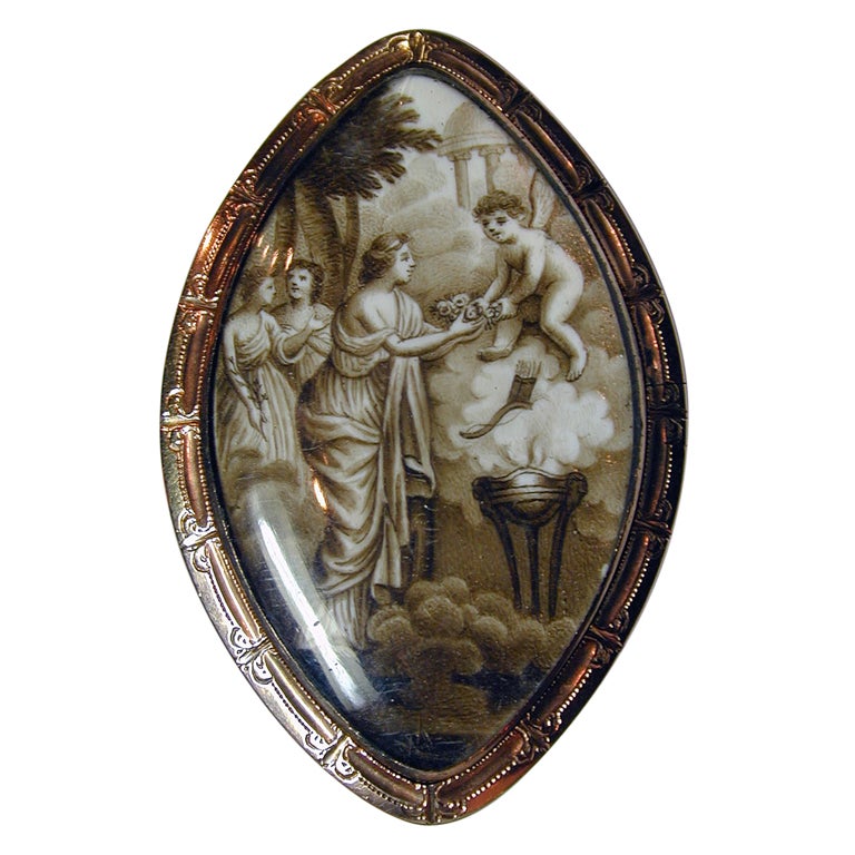 Antique Sepia Love Brooch of Cupid Bearing Flowers Upon Maiden, under Crystal For Sale