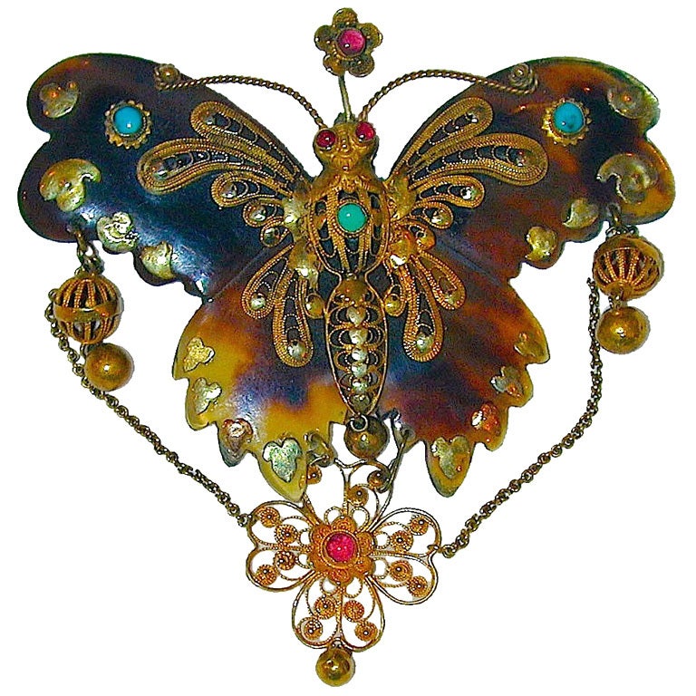 Antique Tortoiseshell and Gold Butterfly Brooch For Sale