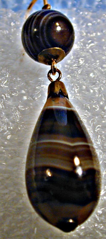 Victorian Antique Banded Agate Teardrop Earrings