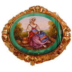 Antique Micromosaic Broach of a Peasant Girl