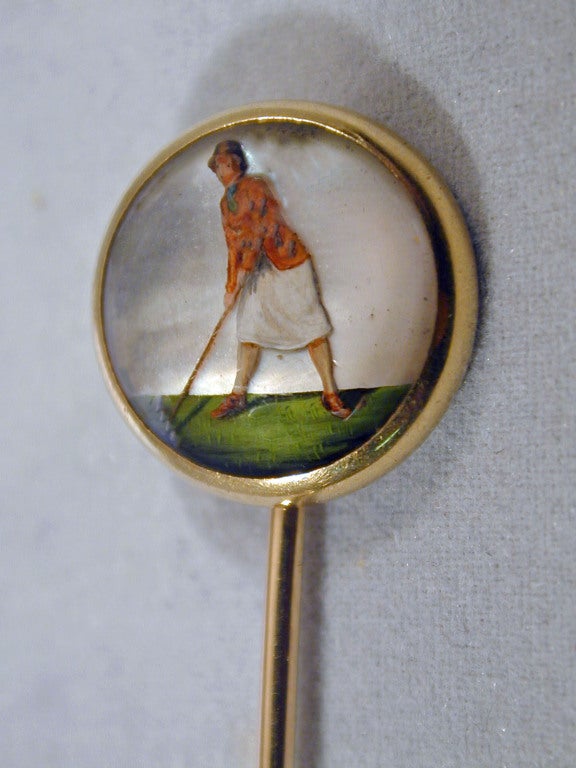 Rare lady golfer Essex crystal stickpin in 18K gold. The perfect gift for the golf enthusiast. The twist in the stem keeps it in place.