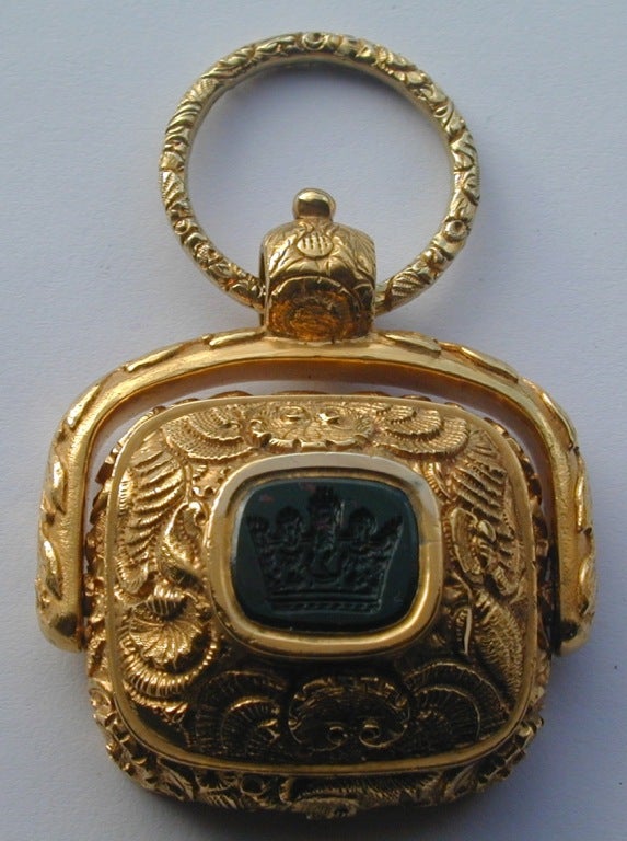 Georgian 15K gold seal fob with two intaglios. The small green goldstone is engraved with a crown enclosing the Hebrew letter 